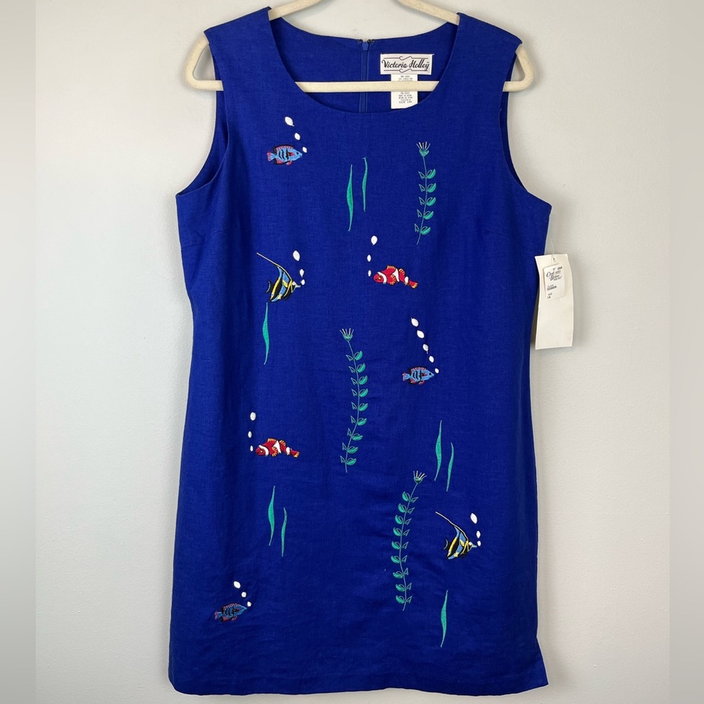 NWT Vtg VICTORIA HOLLEY Royal Blue Linen Blend Embroidered Fish Sheath Dress 14P